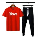 Men Red Printed Cotton Track Suit 2Pcs Medium to XL